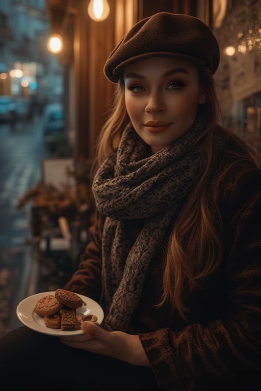 A sultry woman, styled in a scarf and flat cap, sits poised outside a cozy coffee café at dusk on a rain-soaked city street. She sips coffee from a delicate cup and saucer filled with a few pieces of cookies and chocolate, her porcelain skin illuminated by soft lighting that casts a warm glow. Her enigmatic presence is framed by rich wood tones amidst the moody urban backdrop, where deep shadows dance across her skin, exuding cultural charm and contemporary style against the rain-soaked city street's dark ambiance.