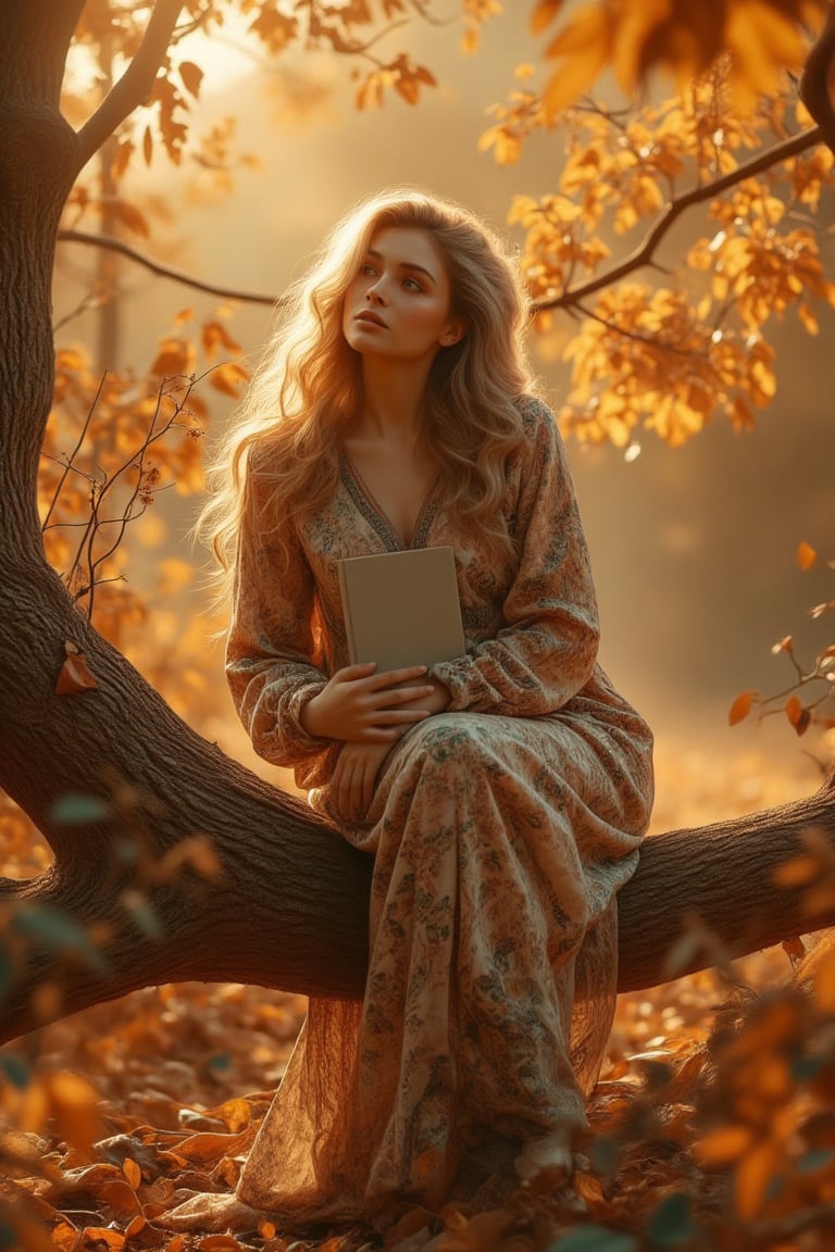 A woman sits serenely on a tree branch, cradling a book against her chest. Warm, golden sunlight filters through the autumn foliage, casting a gentle glow on her face. Her long, unraveling hair cascades down her shoulders, amidst a sea of golden leaves. Soft, floral dress complements the rustic setting. The woman's thoughtful gaze drifts into the distance, intricately capturing the textures of the leaves and warm lighting.