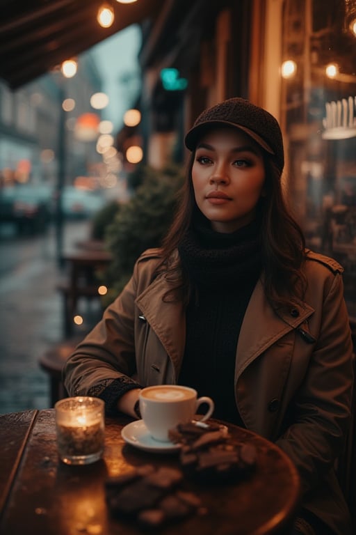 Here's a high-quality coherent stablediffusion prompt based on your input:

A moody cityscape at dusk, rain-soaked streets glisten in soft lighting. A sultry woman sits outside a cozy coffee café, wrapped in warm glow from rustic table with delicate cups and saucers filled with cookies and chocolate. She's framed by wooden accents, trench coat and high neck shirt adding mystique. Porcelain skin glows beneath scarf and cap clinging to raindrops. Camera captures enigmatic presence from low angle, emphasizing moody atmosphere.