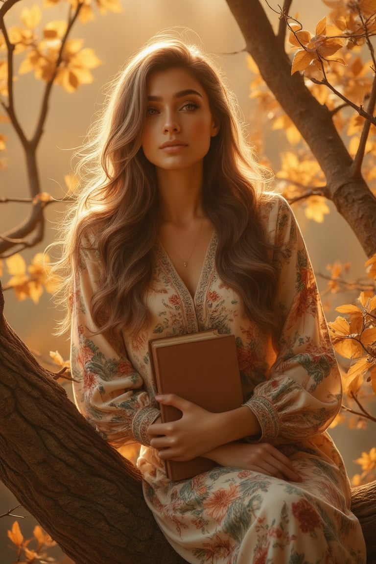 A woman sits serenely on a tree branch, cradling a book against her chest. Warm, golden sunlight filters through the autumn foliage, casting a gentle glow on her face. Her long, unraveling hair cascades down her shoulders, amidst a sea of golden leaves. Soft, floral dress complements the rustic setting. The woman's thoughtful gaze drifts into the distance, intricately capturing the textures of the leaves and warm lighting.