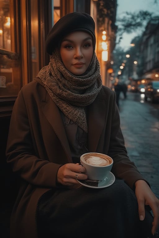 A sultry woman, stylishly draped in a scarf and flat cap, sits poised outside a cozy coffee café at dusk on a rain-soaked city street. Framed by rich wood tones, soft lighting casts a warm glow on her porcelain skin as she sips coffee from a delicate cup and saucer. The noir-inspired photography captures her enigmatic presence amidst darkness, where deep shadows dance across her skin, exuding cultural charm and contemporary style against the moody urban backdrop.