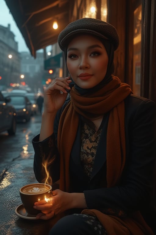 Moody cityscape at dusk: Rain-soaked streets, rich wood tones, and soft lighting cast a warm glow on a sultry woman, styled in a scarf and flat cap, sitting poised outside a cozy coffee café. She sips hot steaming coffee from delicate cups, her porcelain skin illuminated by the gentle light. Framed by wooden accents, her enigmatic presence exudes cultural charm and contemporary style amidst deep shadows dancing across her skin.