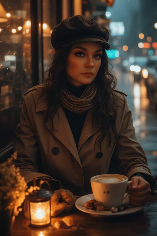 A moody cityscape at dusk, rain-soaked streets glisten in soft lighting, misty veil shrouding the scene. A sultry woman sits poised outside a cozy coffee café, wrapped in warm glow from candlelit glass jar and wooden accents framing her enigmatic presence. She wears a scarf, flat cap, and trench coat, inside a high-neck shirt amidst rustic table setting with delicate cup of coffee and saucers filled with a few cookies and chocolates. Her porcelain skin glows beneath, as raindrops cling to her hair and the city's misty veil shrouds her mystique.