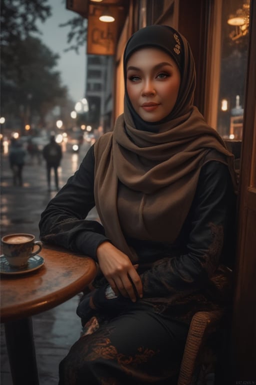 A sultry woman, styled in a scarf and ascot cap, sits poised outside a cozy coffee café at dusk on a rain-soaked city street. Soft lighting casts a warm glow on her porcelain skin as she sips coffee from a delicate cup and saucer. Framed by rich wood tones, the composition showcases her enigmatic presence amidst darkness, where deep shadows dance across her skin, exuding cultural charm and contemporary style against the moody urban backdrop.