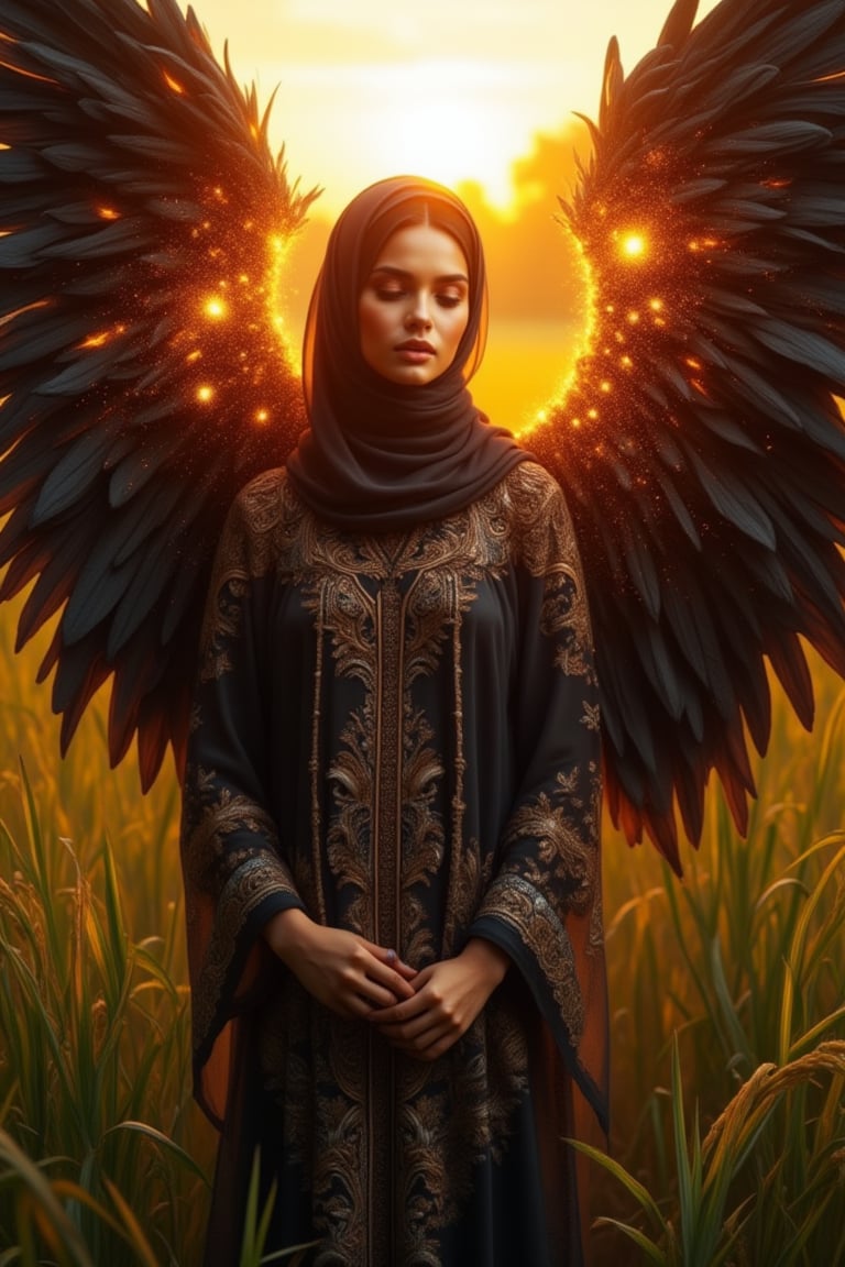 A serene beauty fairy angel stands amidst ripening rice fields, as sunset's gentle warmth bathes her dewy skin and subtly enhances the delicate touch of makeup. Her hijab, intricately patterned and neatly tied, complements her peaceful expression, framed by the majestic her hands as a black angel wings, adorned with fiery flames and sparks that seem to dance in harmony with the fading light. The tranquil rural setting is set ablaze by the mystical contrast of these mighty, largest black angel wings, as the woman's serene face glows with an otherworldly aura.