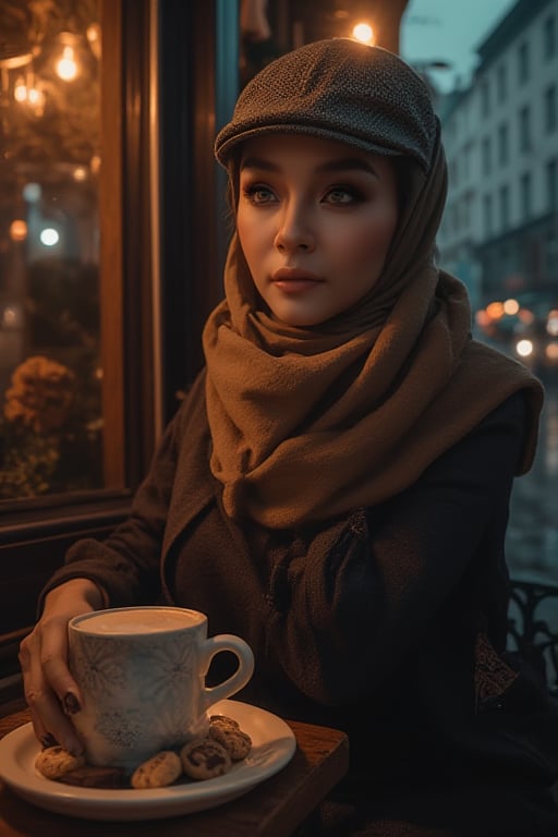 A sultry woman, styled in a scarf and flat cap, sits poised outside a cozy coffee café at dusk on a rain-soaked city street. She sips coffee from a delicate cup and saucer filled with a few pieces of cookies and chocolate, her porcelain skin illuminated by soft lighting that casts a warm glow. Her enigmatic presence is framed by rich wood tones amidst the moody urban backdrop, where deep shadows dance across her skin, exuding cultural charm and contemporary style against the rain-soaked city street's dark ambiance.