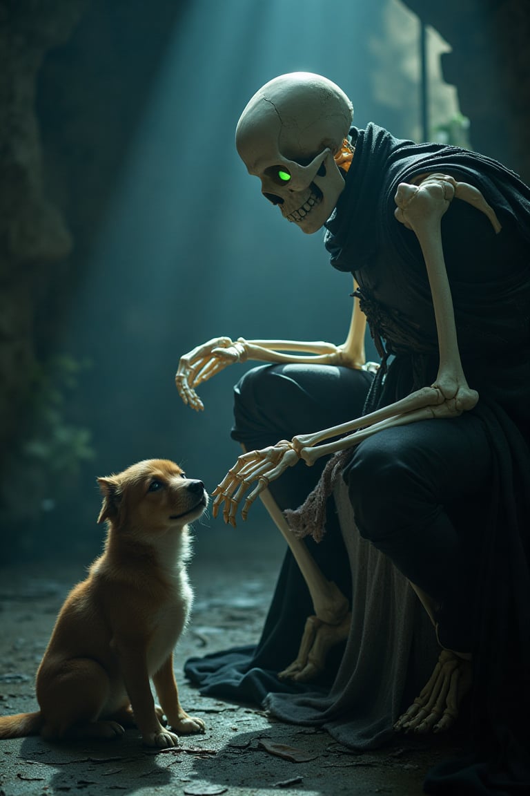 A hauntingly beautiful fantasy film poster: A resplendent ivory skeleton, adorned in supple leather armor, gazes down at a curious canine by his leg. His skeletal fingers reach out to pet the dog, his glowing eye sockets piercing the darkness. The surrounding atmosphere is bathed in an ethereal luminescence, accentuating the stark contrast between his luminous bones and the somber surroundings and highlighting the oddness of this situation.