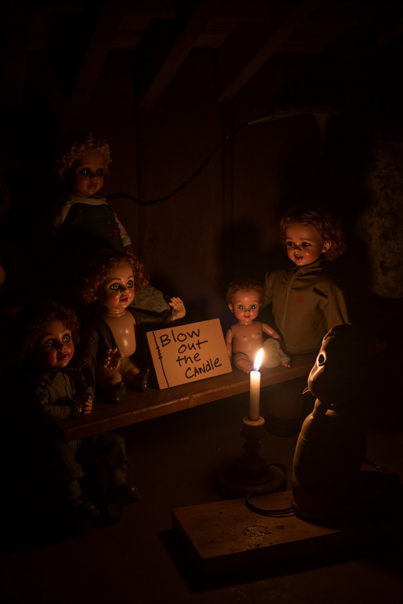 Picture a dimly lit attic large attic, filled with cobwebs and the musty scent of forgotten memories. In the center, a single flickering candle casts a warm yet eerie glow. A small board lies beside the candle scrawled with the words "Blow out the candle." adding a chilling invitation. The sign is clearly lit, despite the relative darkness of the large room.

Surrounding the candle, several old dolls, both human and animal, big and small sit on dusty shelves and on the ground, their lifelike eyes eerily fixed on the viewer, as if waiting for the moment the light goes out. The dolls' expressions range from curious to unsettling, enhancing the room's sense of unease. Shadows stretch across the floor, and the flickering candlelight dances across the walls, creating a hauntingly beautiful yet creepy atmosphere. In the room there are several other apparent dangers.

Every detail amplifies the suspense, making it clear that in this attic, the darkness might bring the dolls—and other secrets—to life. 