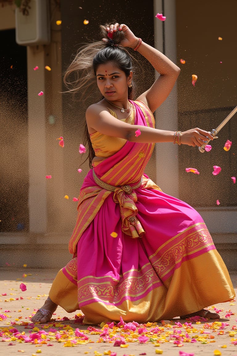 A mallu martial artist in her mid-30s, practices. She wears a pink and gold silk saree (with no blouse) -- traditional clothing in disarray as it flies in the wind from her movements. The camera focuses on her face and the emotions conveyed. Both legs in the air. Her confident eyes glare at the viewer with anger.

She swings a shining silver rapier with a bejewelled guard and a ribbon at the base with the expertise of a practiced martial artist. a dense cloud of multicolored petails fly in the air all around her, making lines of color in the path of her complete swing, beautiful patterns painted by the power and elegance . Vibrantly colored shimmering dust around the petals completes the picture.