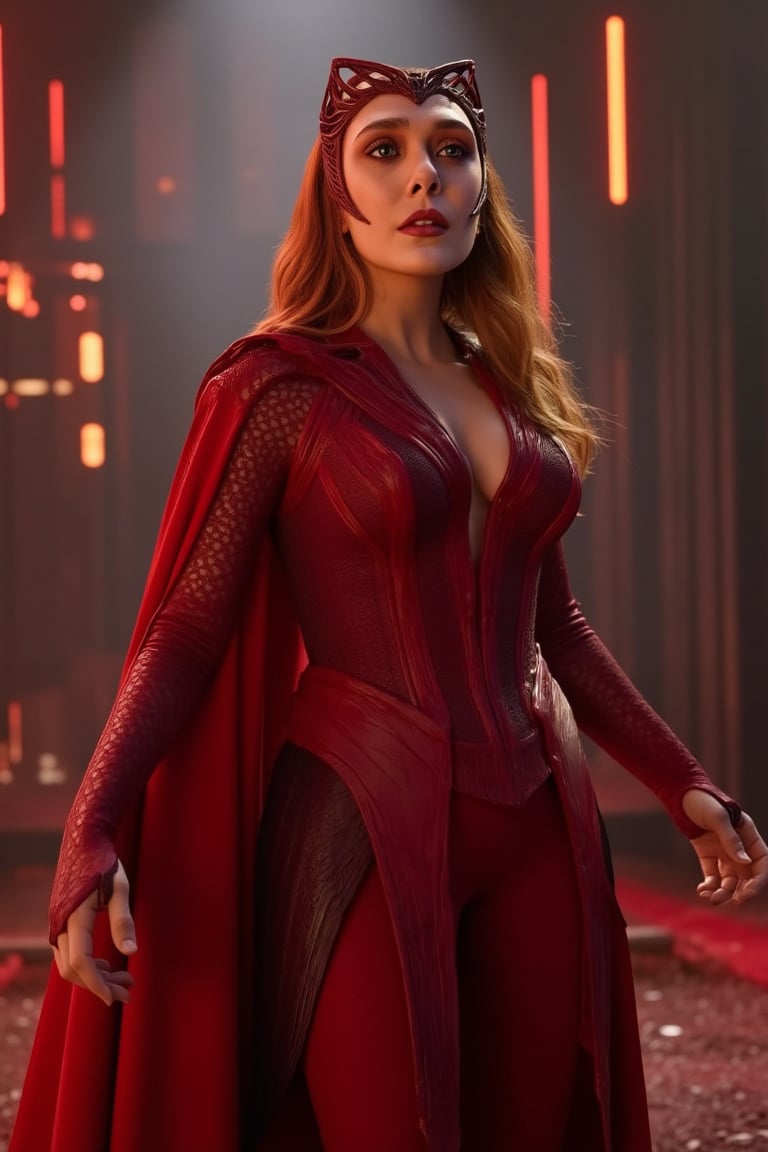 ((FULL BODY PHOTO OF Elizabetholsen as Scarlet Witch in Doctor Strange and the Multiverse of Madness)), in her iconic Scarlet Witch costume. ((She is dressed in bright red latex skin-tight tights that are clearly visible)), intricate details of her costume are accentuated, with realistic textures, vibrant colors, and dramatic lighting. The setting is cinematic, capturing her powerful and intense expression, and her surroundings radiate mystical energy.,elizabetholsen,elizabetholsen dressed as the scarlet witch