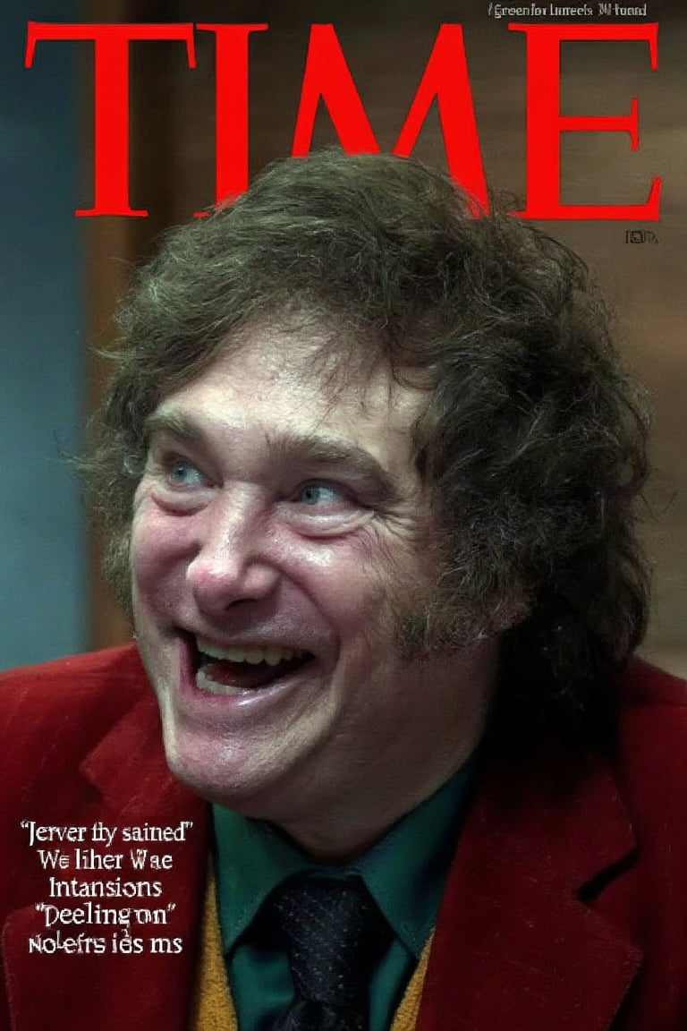 (((Javier Milei))) (((TIME Magazine cover with Javier Milei as tHE JOKER))), typical pose with toothy smile, space between teeth, saying something weird, funny, strange and stupid. ((Javier Milei characterized as THE JOKER))