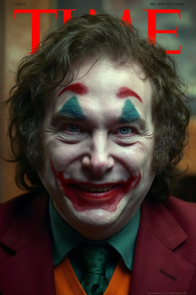 (((Javier Milei))) (((TIME Magazine cover with Javier Milei as tHE JOKER))), typical pose with toothy smile, space between teeth, saying something weird, funny, strange and stupid. ((Javier Milei characterized as THE JOKER))