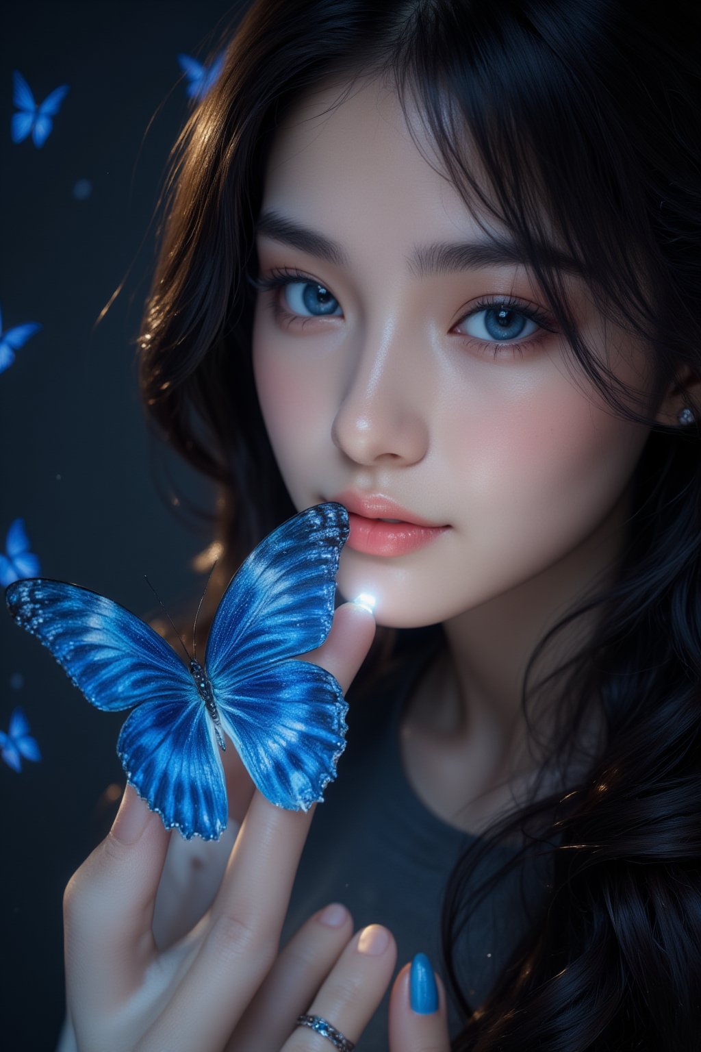 A close-up digital painting depicts an ethereal scene with a young woman as the central focus. Her face is softly illuminated by diffused lighting, creating gentle shadows that accentuate her features. She has strikingly large, expressive light blue eyes framed by thick dark eyelashes, highlighted by vibrant royal blue eyeshadow extending towards her temples. Her skin appears smooth with a subtle blush on her cheeks, and fine details such as pores and highlights are visible. Her curly dark hair frames her face, partially covering it and adding depth to the composition. The woman's nails are painted in a sky blue shade, matching the color palette of the scene. A delicate silver ring adorns her left index finger. In the foreground, a vivid bright blue butterfly with intricate wing patterns rests gently on her extended right hand. Its wings display a gradient from deep midnight blue at the base to lighter azure blue towards the tips, with small white spots and black veins visible. The butterfly emits a soft glowing light from its body, creating a magical sparkle near the tip of her extended index finger. Small sparkles or glittering particles are scattered across her face, enhancing the dreamlike quality. The background is dark and blurred, focusing attention on the subject and adding depth to the artwork. Smaller blue butterflies can be seen flying around, contributing to the whimsical atmosphere. The overall mood is enchanting and serene, achieved through high contrast, moderate saturation, and a cool color temperature dominated by various shades of blue and neutral tones.