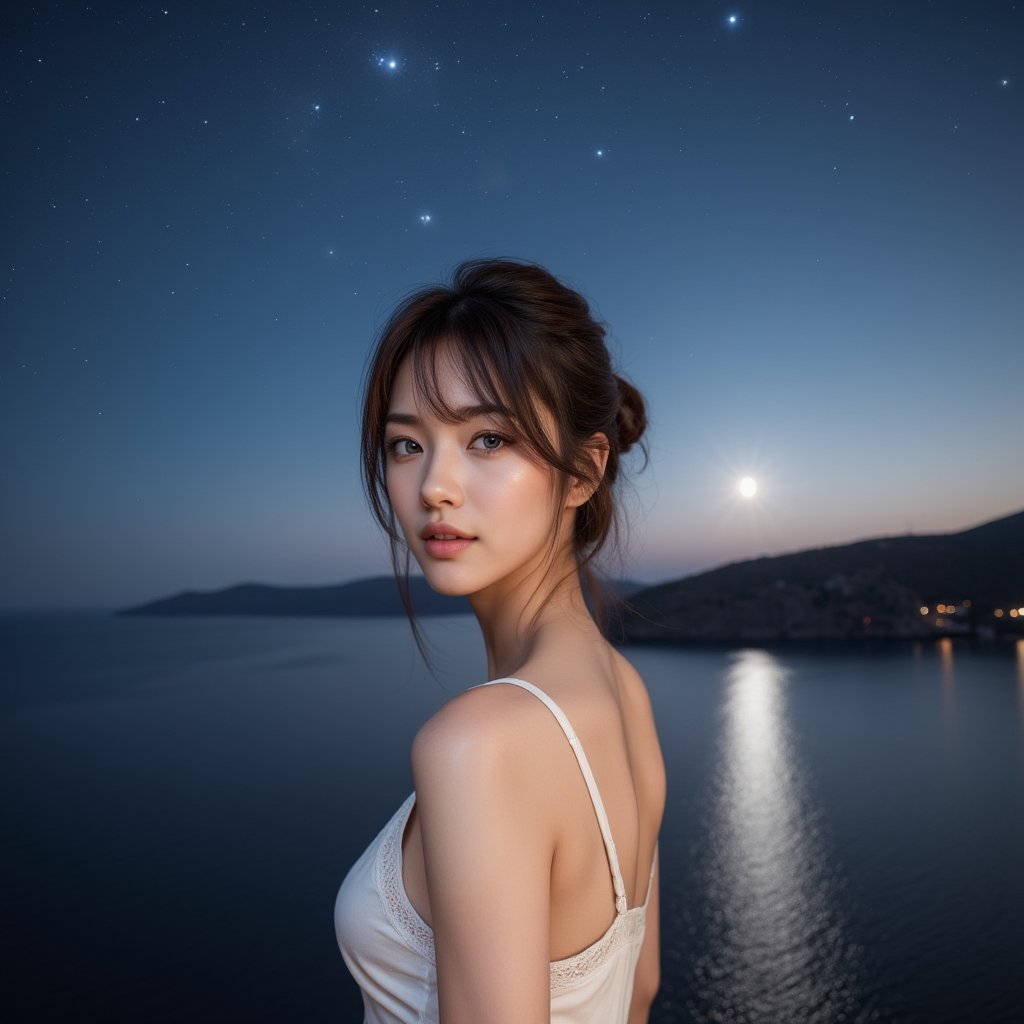 Ultra-detailed 8K photo of a Japanese gravure model with a chic, tousled updo and captivating blue eyes, under the starry night of a Greek island. She’s wearing a white, Grecian-style maxi dress, her pose is relaxed yet sophisticated, the Aegean Sea shimmering quietly in the background