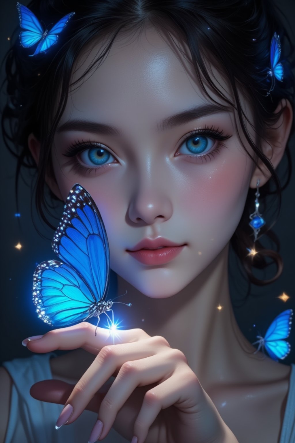 A close-up digital painting depicts an ethereal scene with a young woman as the central focus. Her face is softly illuminated by diffused lighting, creating gentle shadows that accentuate her features. She has strikingly large, expressive light blue eyes framed by thick dark eyelashes, highlighted by vibrant royal blue eyeshadow extending towards her temples. Her skin appears smooth with a subtle blush on her cheeks, and fine details such as pores and highlights are visible. Her curly dark hair frames her face, partially covering it and adding depth to the composition. The woman's nails are painted in a sky blue shade, matching the color palette of the scene. A delicate silver ring adorns her left index finger. In the foreground, a vivid bright blue butterfly with intricate wing patterns rests gently on her extended right hand. Its wings display a gradient from deep midnight blue at the base to lighter azure blue towards the tips, with small white spots and black veins visible. The butterfly emits a soft glowing light from its body, creating a magical sparkle near the tip of her extended index finger. Small sparkles or glittering particles are scattered across her face, enhancing the dreamlike quality. The background is dark and blurred, focusing attention on the subject and adding depth to the artwork. Smaller blue butterflies can be seen flying around, contributing to the whimsical atmosphere. The overall mood is enchanting and serene, achieved through high contrast, moderate saturation, and a cool color temperature dominated by various shades of blue and neutral tones.