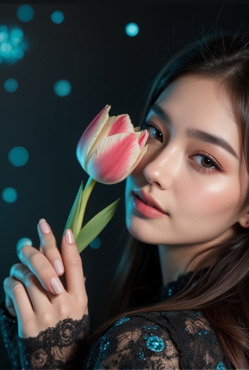 Closeup of highly detailed manicured hands holding a tulip flower, surrounded by toile tulle with turquoise and black accents. A stunningly beautiful, smiling, sophisticated golden-eyed woman's face is seen from a side angle, with model makeup, smokey eyes, and smooth flawless pale skin. The scene features a stunning color gradation between black and turquoise, perfectly intricate and highly detailed, creating an outstandingly beautiful effect. Enhanced with Chaos 5, Stylize 400, Niji 6, and glowing elements.