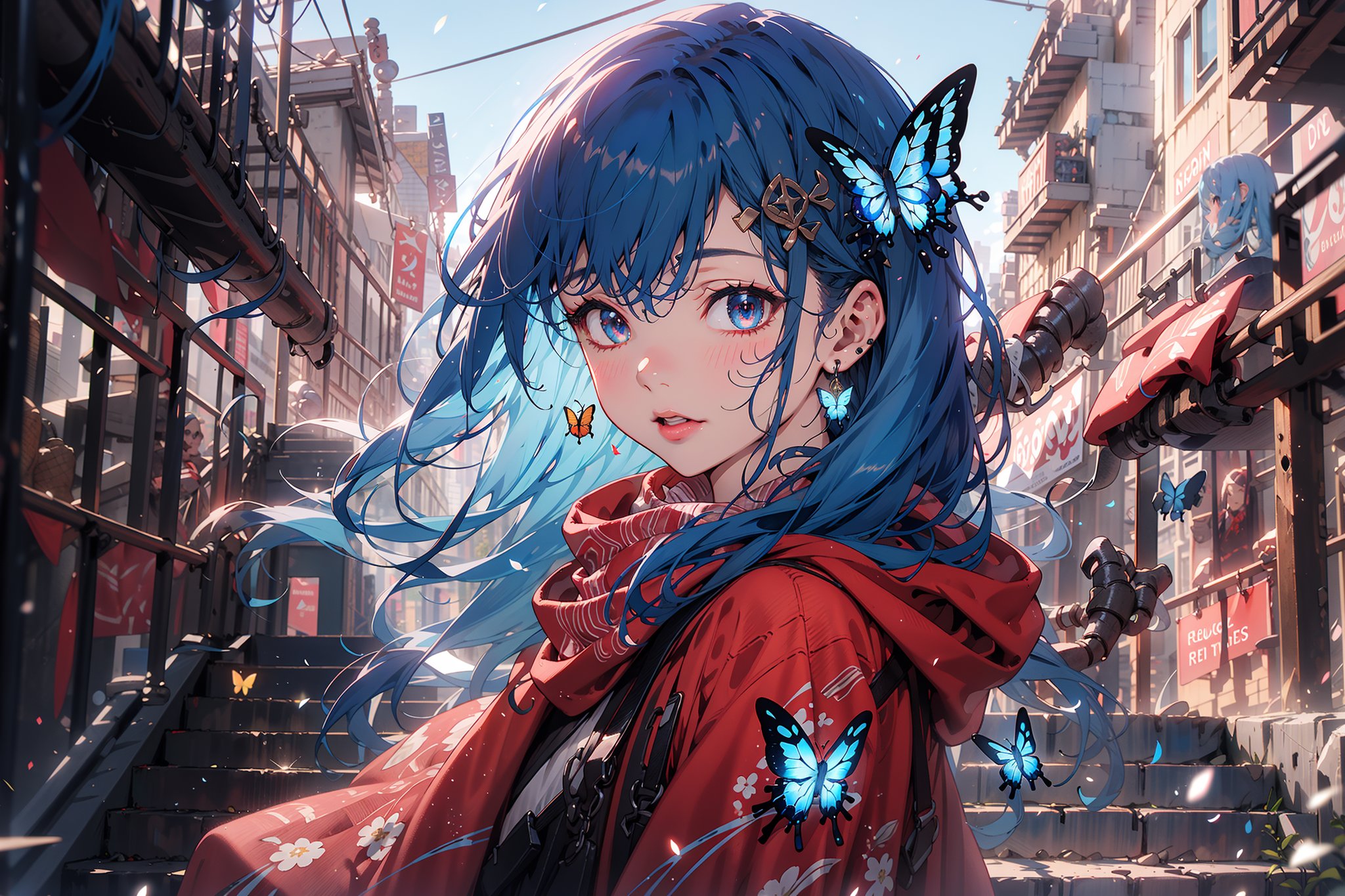  masterpiece, RAW,, ultra realistic, outdoors, ((blue hair)), (hair ornament), reah, long blue hair, looking at viewer, perfect face, see through top, stairs, facing viewer, photorealistic, blue glows, Science Fiction, sexy, 4K, 8k HD, Circle, high quality, OceanGoddess,1 girl, portrait,Modena butterfly, red scarf, red cloak, red dress, bracelet
