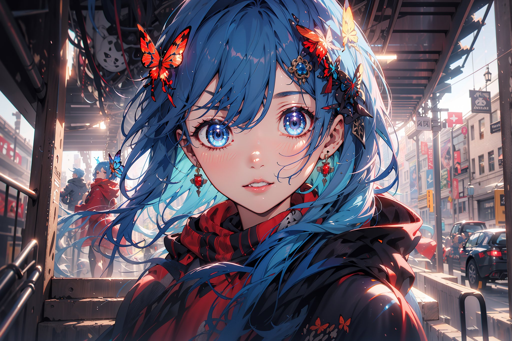  masterpiece, RAW,, ultra realistic, outdoors, ((blue hair)), (hair ornament), reah, long blue hair, looking at viewer, perfect face, see through top, stairs, facing viewer, photorealistic, blue glows, Science Fiction, sexy, 4K, 8k HD, Circle, high quality, OceanGoddess,1 girl, portrait,Modena butterfly, red scarf, red cloak, red dress, bracelet
