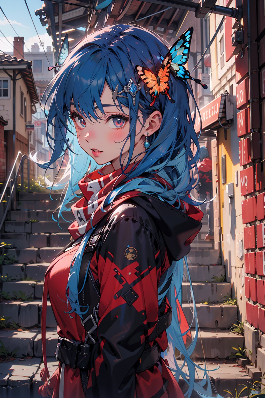  masterpiece, RAW,, ultra realistic, outdoors, ((blue hair)), (hair ornament), reah, long blue hair, looking at viewer, perfect face, see through top, stairs, facing viewer, photorealistic, blue glows, Science Fiction, sexy, 4K, 8k HD, Circle, high quality, OceanGoddess,1 girl, portrait,Modena butterfly, red scarf, red cloak, red dress, bracelet
