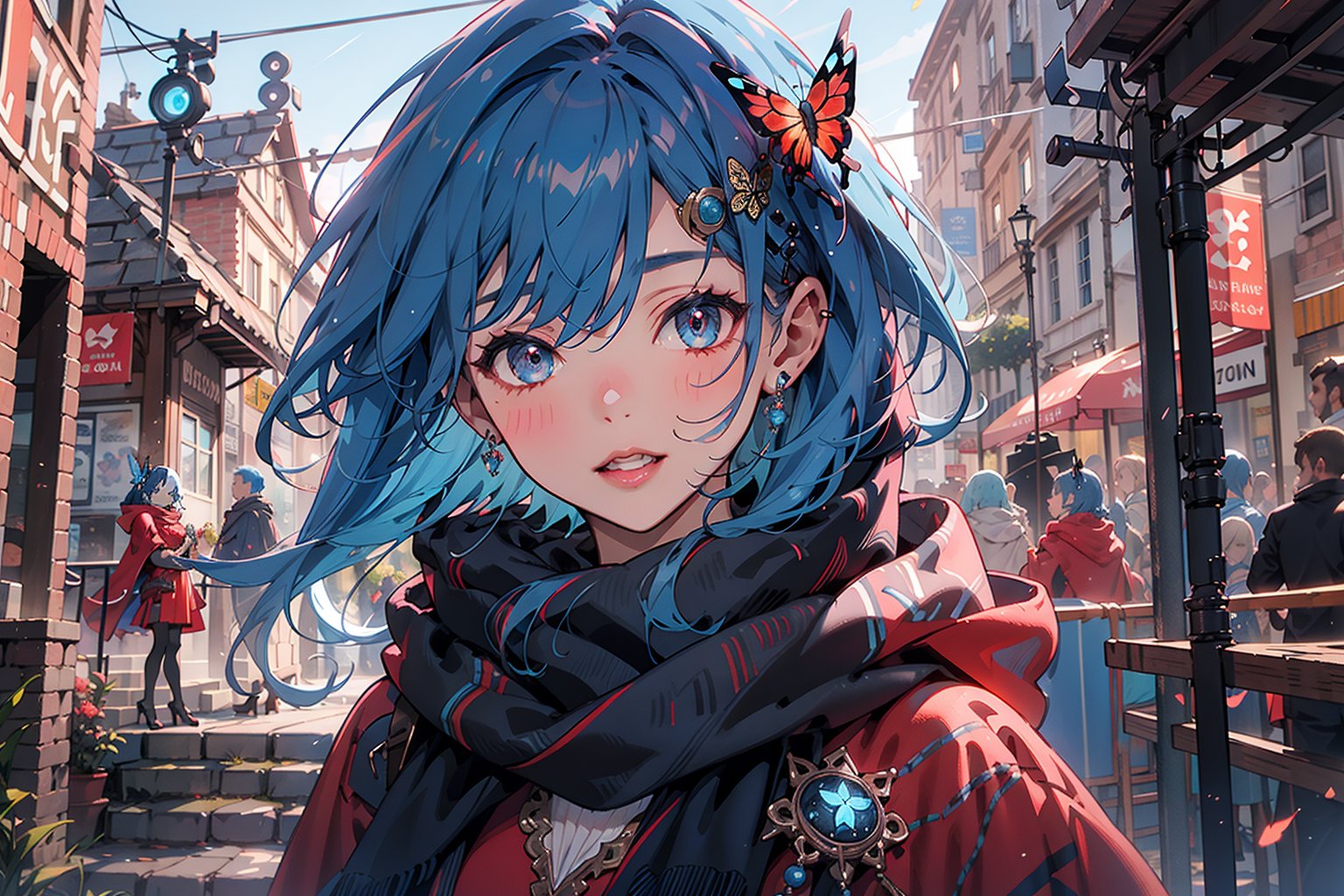  masterpiece, RAW,, ultra realistic, outdoors, ((blue hair)), (hair ornament), reah, long blue hair, looking at viewer, perfect face, see through top, stairs, facing viewer, photorealistic, blue glows, Science Fiction, sexy, 4K, 8k HD, Circle, high quality, OceanGoddess,1 girl, portrait,Modena butterfly, red scarf, red cloak, red dress, bracelet
