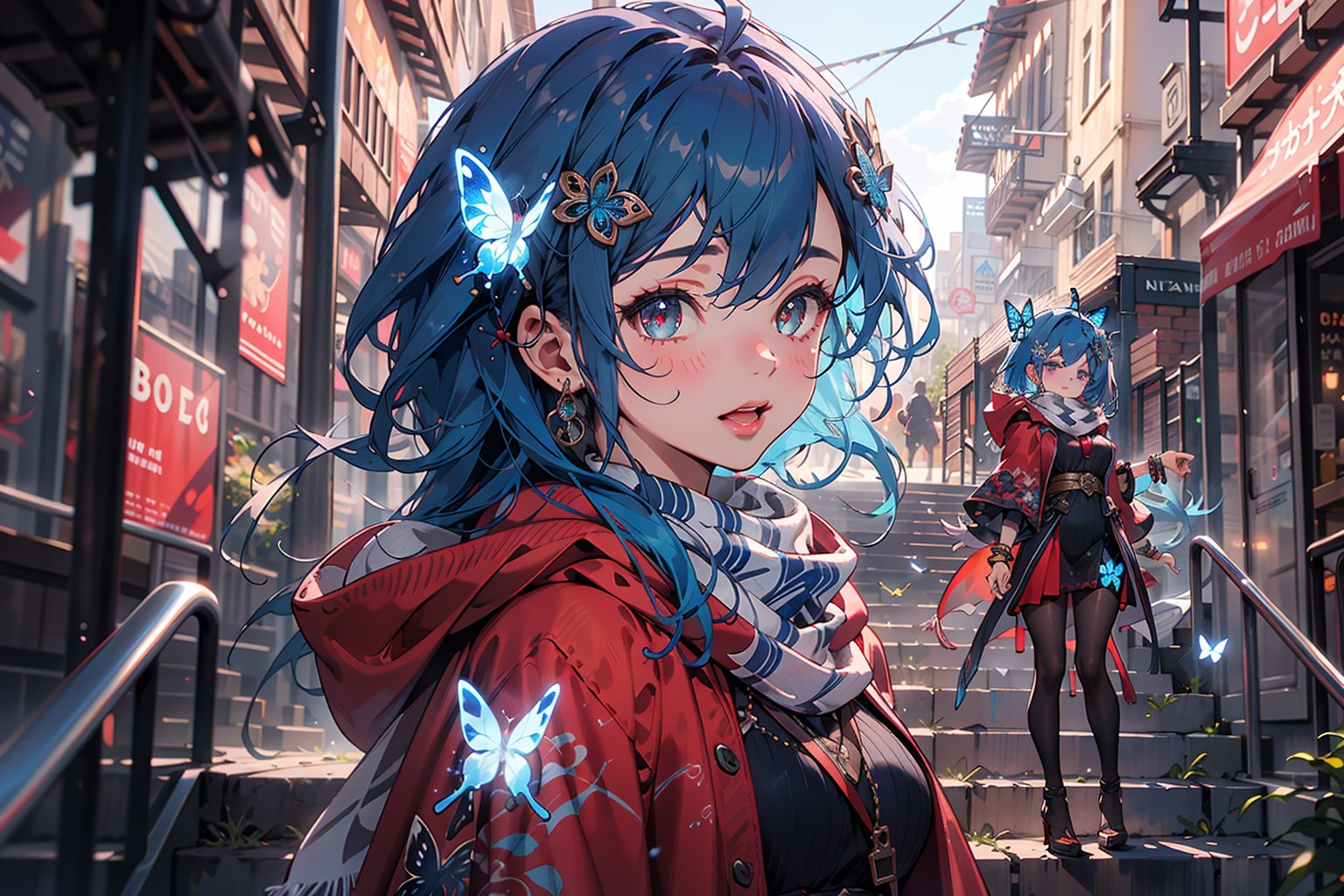  masterpiece, RAW,, ultra realistic, outdoors, ((blue hair)), (hair ornament), reah, long blue hair, looking at viewer, perfect face, see through top, stairs, facing viewer, photorealistic, blue glows, Science Fiction, sexy, 4K, 8k HD, Circle, high quality, OceanGoddess,1 girl, portrait,Modena butterfly, red scarf, red cloak, red dress, bracelet
