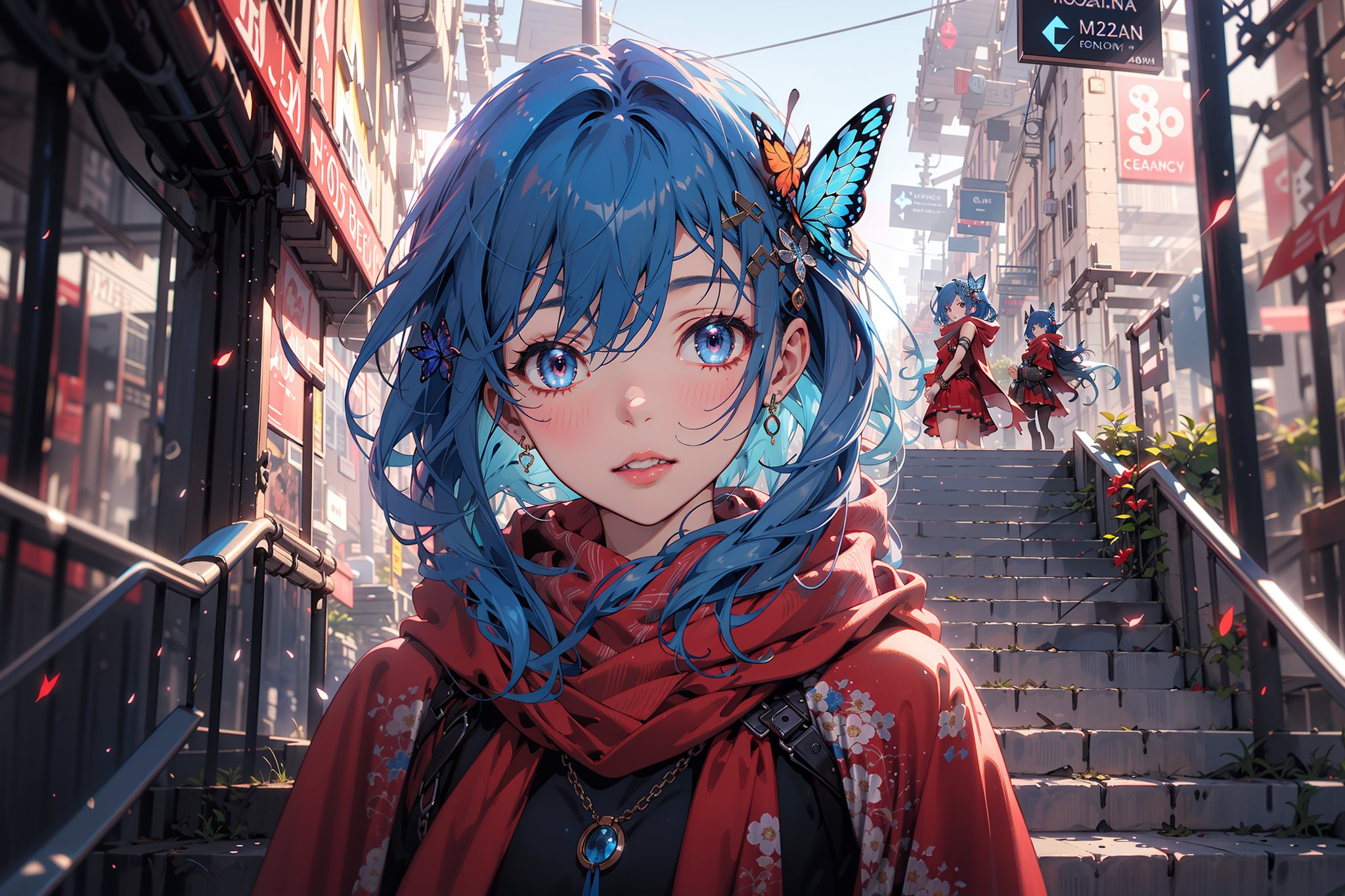  masterpiece, RAW,, ultra realistic, outdoors, ((blue hair)), (hair ornament), reah, long blue hair, looking at viewer, perfect face, see through top, stairs, facing viewer, photorealistic, blue glows, Science Fiction, sexy, 4K, 8k HD, Circle, high quality, OceanGoddess,1 girl, portrait,Modena butterfly, red scarf, red cloak, red dress, bracelet
