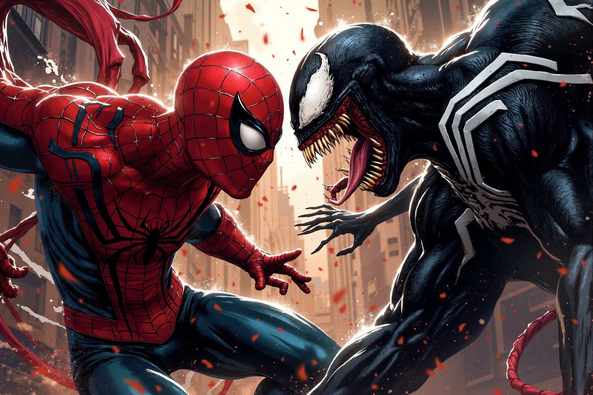 a detailed comic, Fight between, spiderman and venom sybiots