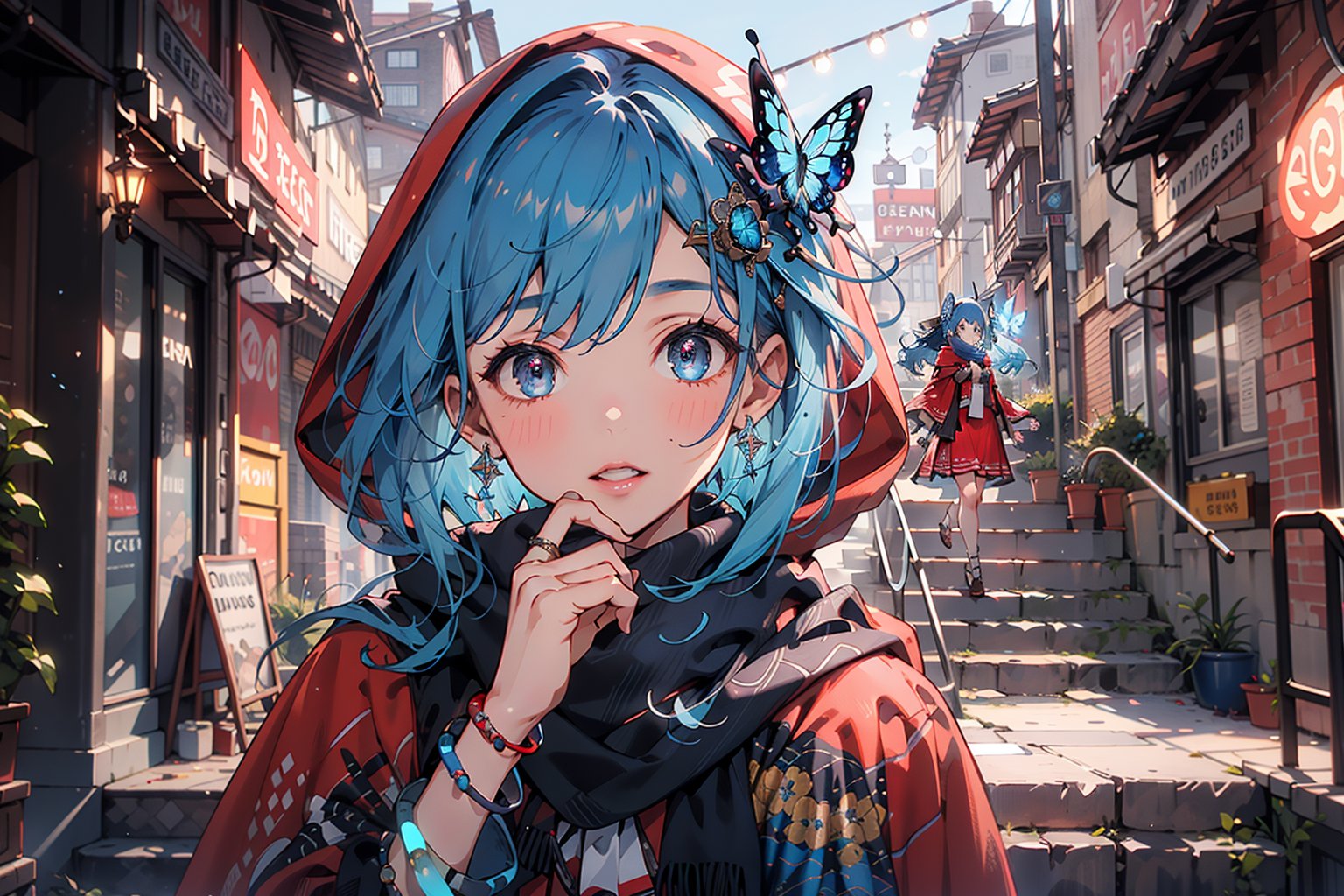  masterpiece, RAW,, ultra realistic, outdoors, ((blue hair)), (hair ornament), reah, long blue hair, looking at viewer, perfect face, see through top, stairs, facing viewer, photorealistic, blue glows, Science Fiction, sexy, 4K, 8k HD, Circle, high quality, OceanGoddess,1 girl, portrait,Modena butterfly, red scarf, red cloak, red dress, bracelet
