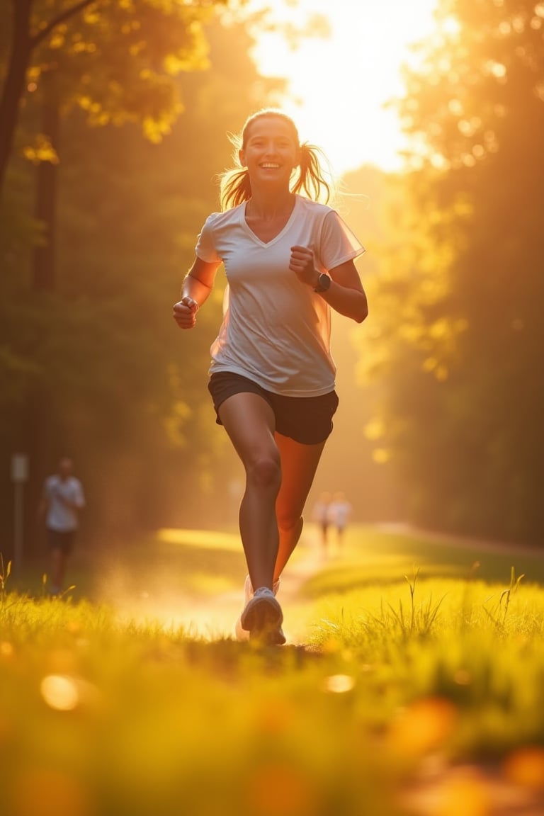 a detailed A happy, active person running outdoors, glowing with energy and health, showing how food impacts vitalityA person jogging in an open, sunlit park, radiating energy and health. The scene captures a sense of vitality and wellbeing with bright, dynamic color.masterpiece