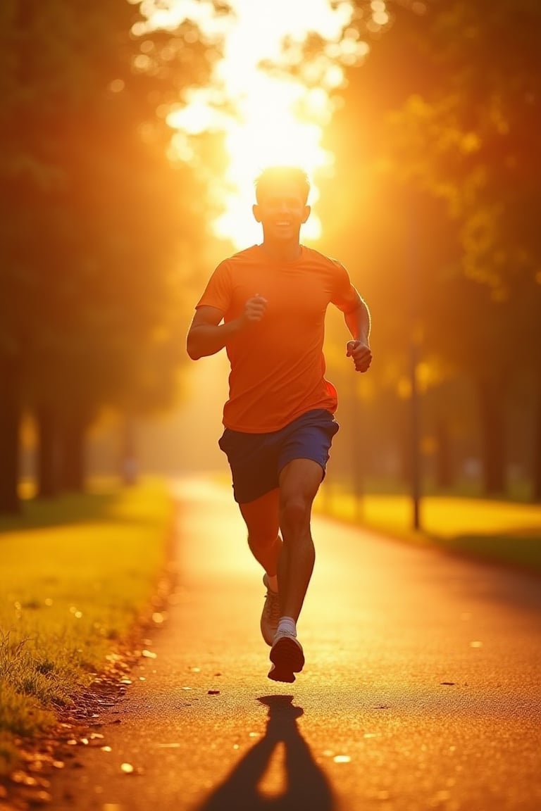 a detailed A happy, active person running outdoors, glowing with energy and health, showing how food impacts vitalityA person jogging in an open, sunlit park, radiating energy and health. The scene captures a sense of vitality and wellbeing with bright, dynamic color.masterpiece