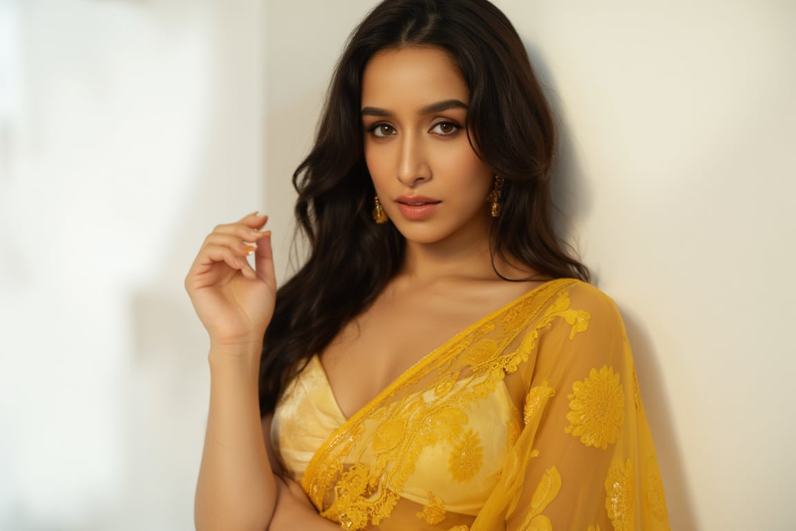 A glamorous portrait of a Indian woman in a luxurious, yellow sheer saree: The subject is a woman with long, voluminous dark hair styled in loose waves She wears a  yellow/ yellow  colored saree with intricate lace and embroidery details The saree is sheer and draped elegantly, revealing her midriff and shoulders Her makeup is polished with defined eyes and neutral lips She poses with both hands touching her face, framing it Her expression is sultry and confident, looking directly at the camera The lighting is soft and diffused, creating a dreamy atmosphere The background is plain white, putting full focus on the subject The overall aesthetic is glamorous, sensual and high-fashion The image has a warm, slightly desaturated color palette The composition emphasizes the intricate details of the saree and the model's pose, creating a striking and alluring portrait.photorealistic,Mallu,Girl,Indian,shraddha