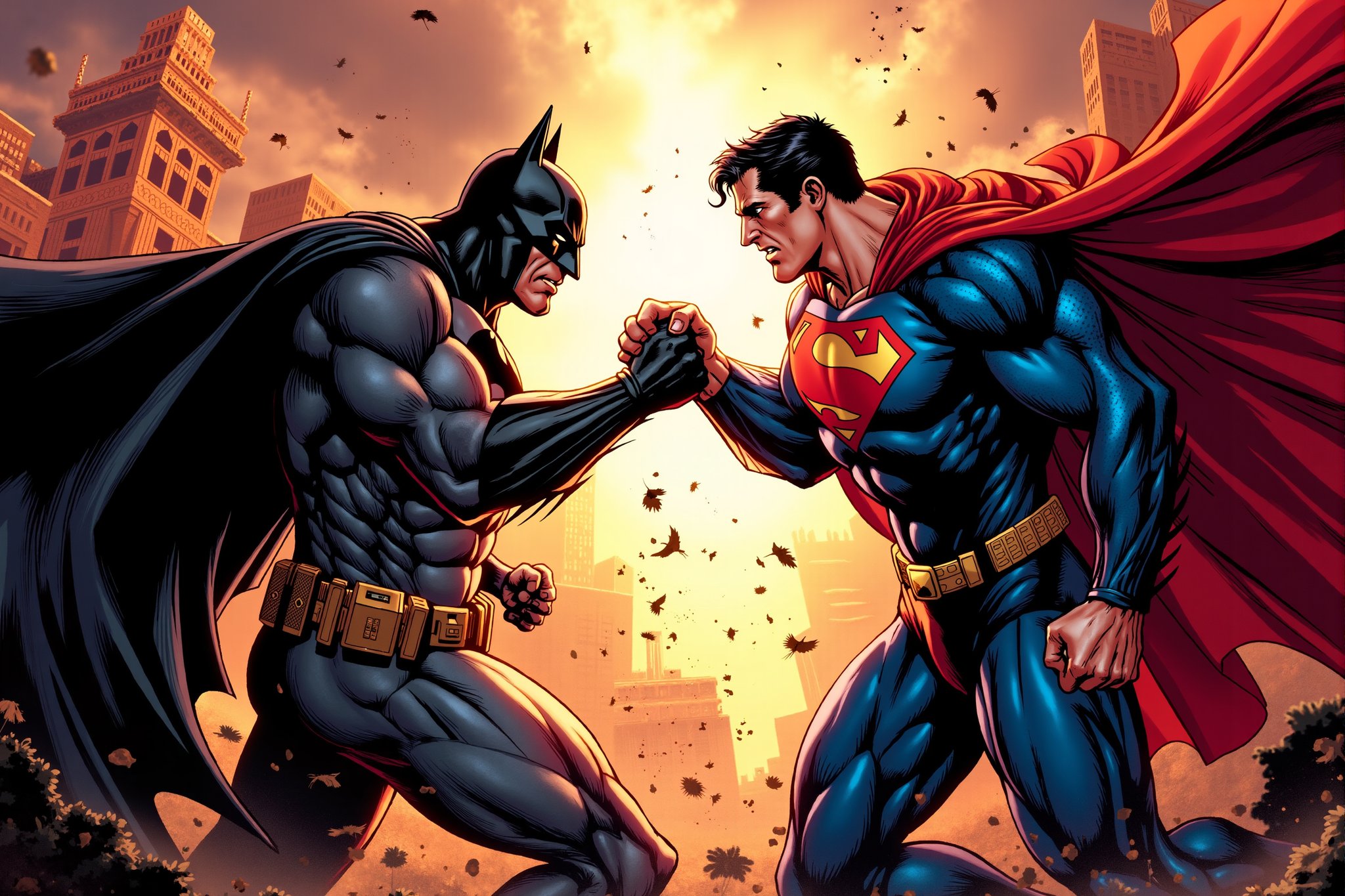 a detailed comic, Fight between, batman and superman