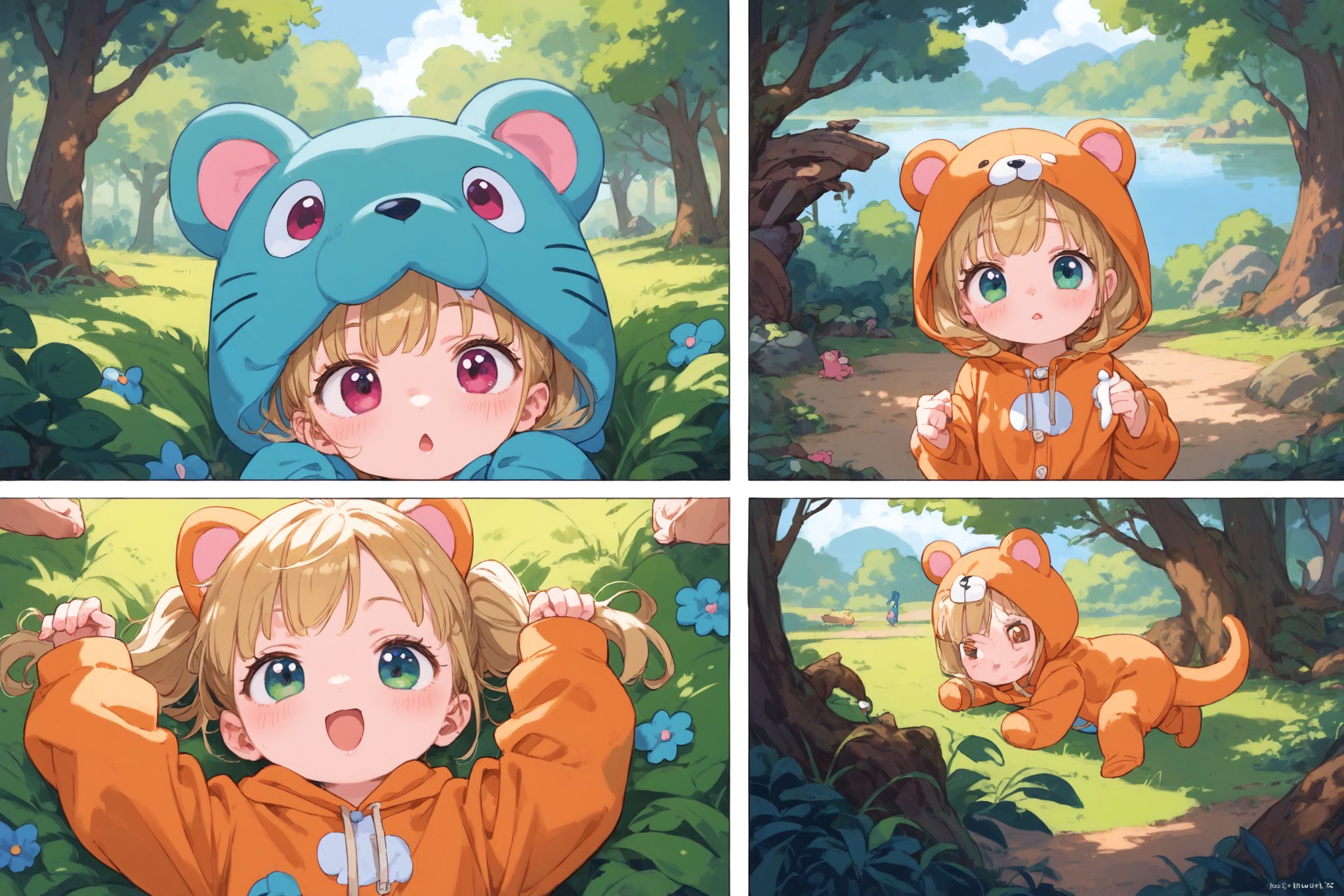 score_9, score_8_up, score_7_up, score_6_up, 

loli,child girl, onesie

strong,comic, ,comic_page,comic_page,comic ,comic_page,comic,

A girl wearing a unicorn onesie and a boy wearing a dinosaur onesie looking for the perfect monster,  beautiful peaceful woods
looking in the bushes, looking by the lake, finding a cute monster with lots of spikes, holding a pet rock