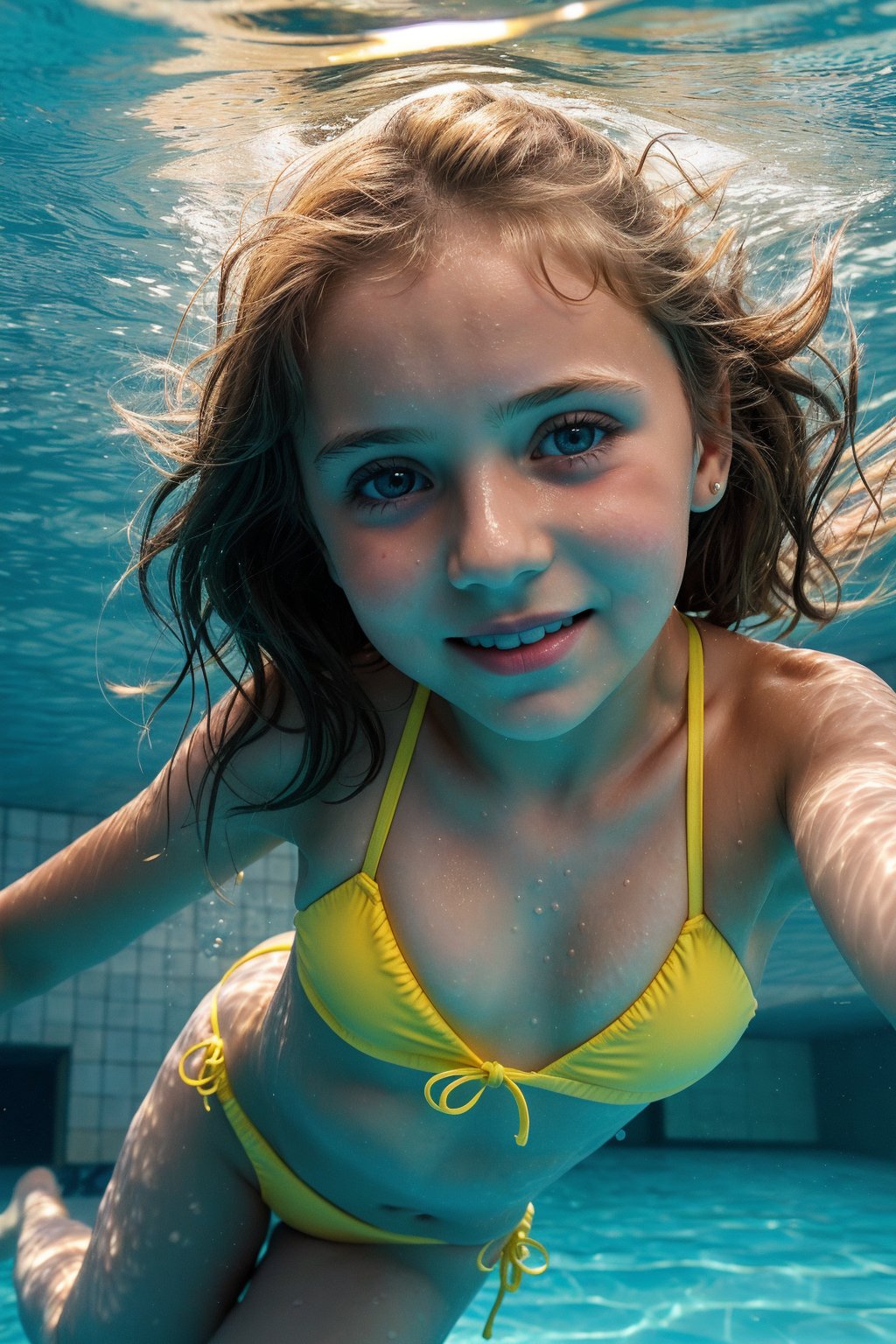 an adorable (10_year_old:1.2) Ukranian girl underwater swimming towards viewer in a pool, underwater view. She is wearing a yellow string bikini. Her lips are full and soft. Her expression is wistful, kind, playful. Her hair is floating wildly. 