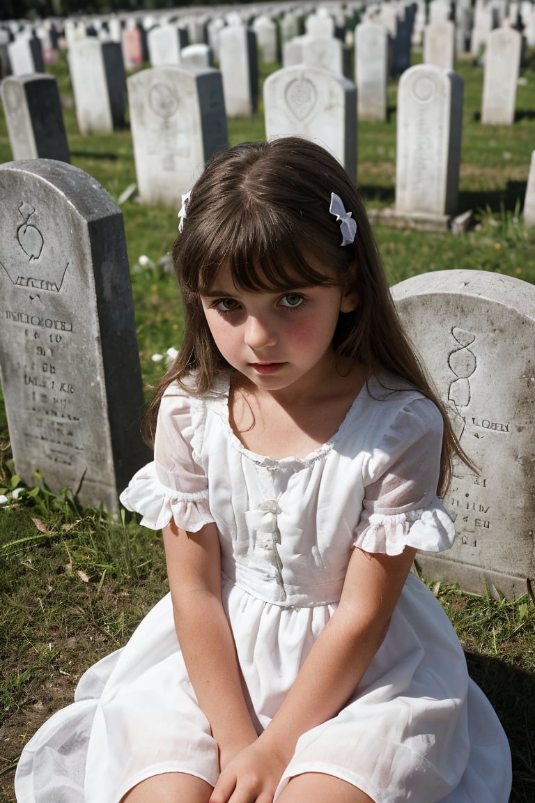 An cute innocent (8_year_old:1.2) Italian girl dressed in white dress sitting at grave in cemetary, Her lips are soft and full. Her expression is evil. looking at viewer