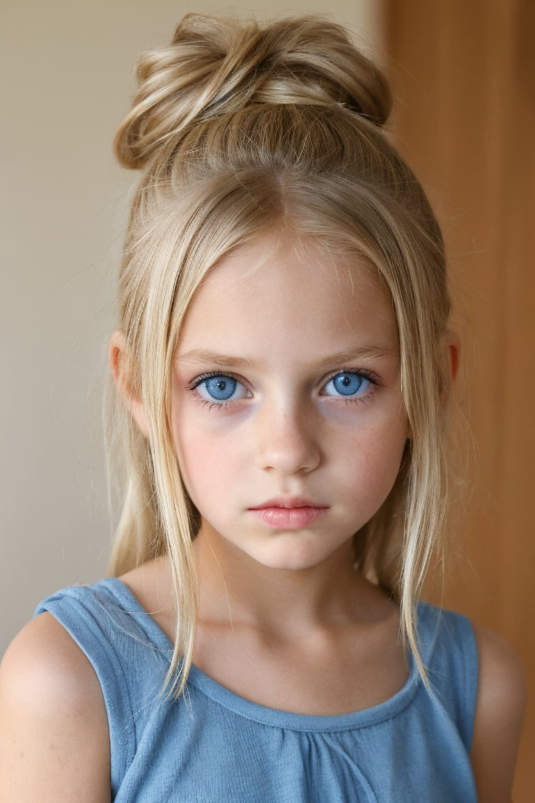 young (10_year_old:1.2) girl, straight blonde hair, which she wears in a messy bun, tall and thin, big blue eyes, full lips, she is reserved with a concentrated expresion and an air of mystery. 