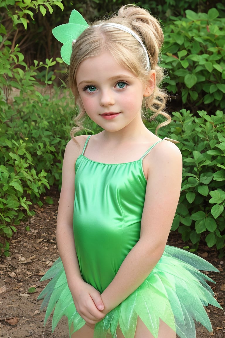 An adorable (8_year_old:1.2) English girl dressed as Tinkerbell, Her lips are soft and full. Her expression is wistful. looking at viewer