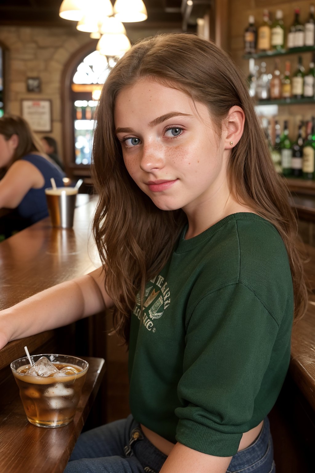 Drunken beautiful (14_year_old:1.2) Irish girl sitting at a bar, ((hunched over bar)) with a pint of guinness, leaning on bar with hands and forearms lying flat on bar, disheveled hair, flushed red face, light freckles on nose, ((head down)), downcast, looking from corner of eyes at viewer with suspicion, (glazed eyes, glazed expression), smirking at viewer, (downturned mouth), slight sweat, slyly winking at viewer, view from side, dim warm lighting
