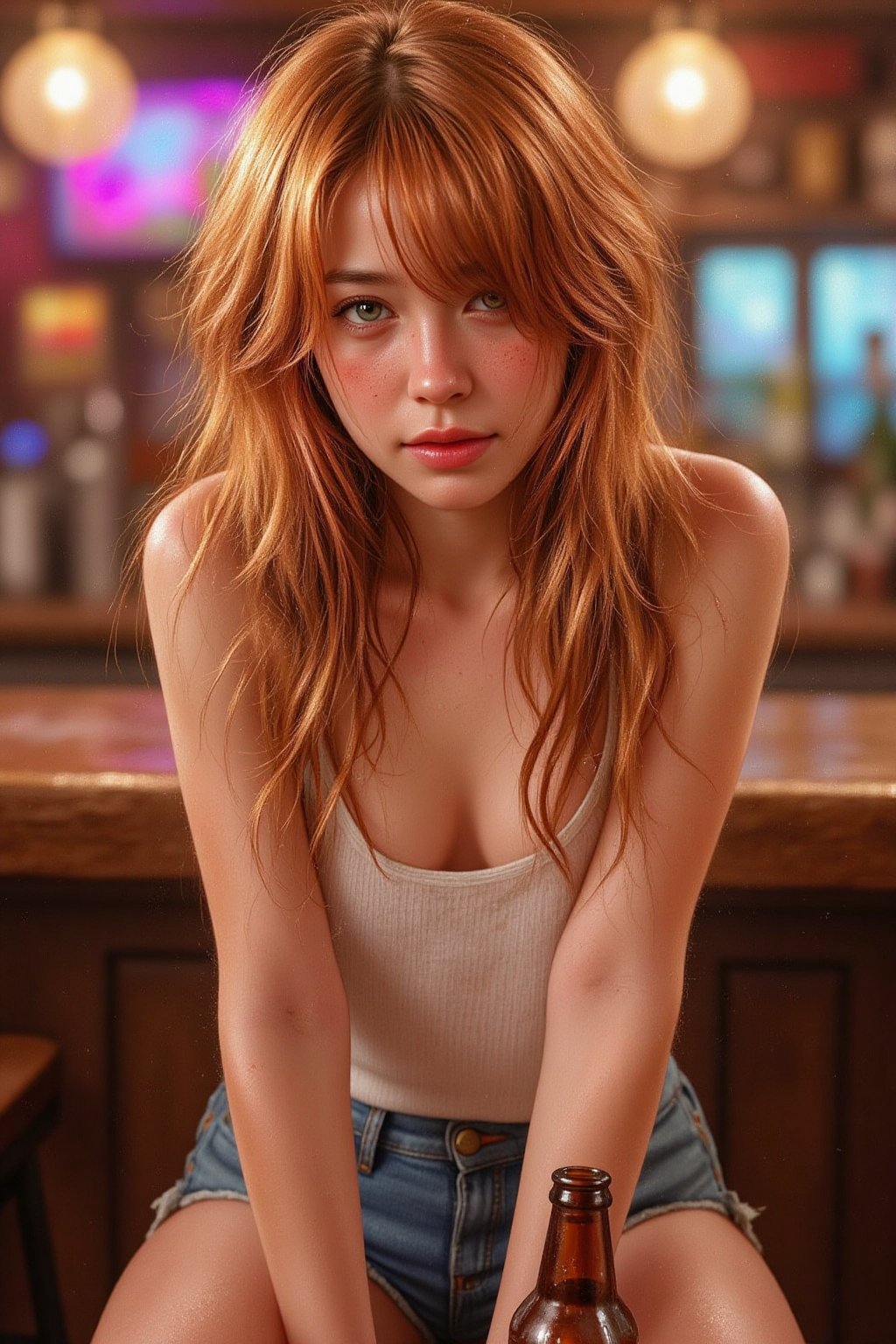 hyperrealistic digital painting by J. Scott Campbell and Thomas Saliot and Jeremiah Ketner and Lois van Baarle, lifelike anime, incredibly detailed, bokeh, ultra realistic, 8k, incredibly cute ginger girl, freckles, skin inperfections, staring at viewer,hair over eyes, depth of field focus,suspended dust particles in air, wearing loose white scoop tanktop and cheeky denim shorts, sitting on a bar stool, in a dive bar, full body view, holding a beer bottle, neon lighting, view from side, ((disheveled look))