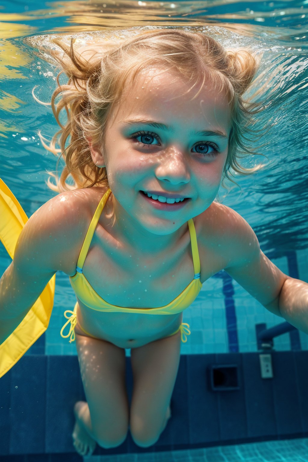 an adorable (10_year_old:1.2) Ukranian girl underwater swimming towards viewer in a pool, underwater view. She is wearing a yellow string bikini. Her lips are full and soft. Her expression is playful. Her hair is floating wildly. pov, full body view