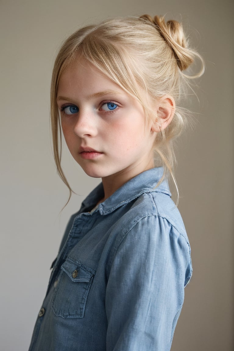 german (10_year_old:1.2) girl, straight blonde hair, which she wears in a messy bun, tall and thin, big blue eyes, full lips, she is reserved with a concentrated expresion and an air of mystery. 