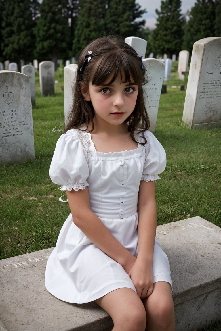 A cute evil (8_year_old:1.2) Italian girl dressed in white dress sitting at grave in cemetary, Her lips are soft and full. Her expression is mischievous. staring intently at viewer