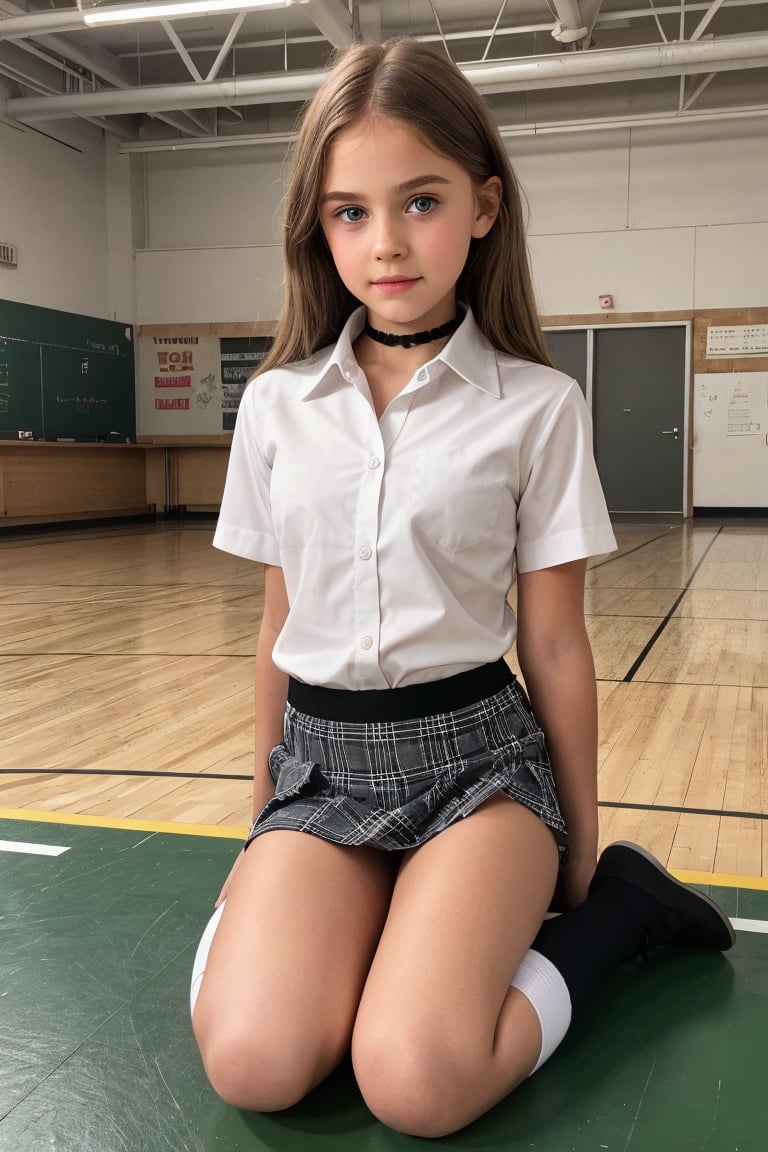 raw photo, full body, (10yo girl:1.2), petite, caramel hair, ((cheek dimples)), sharp facial features, big expressive green-hazel eyes, blushing, graphic eyeliner, rouge, (lipstick:0.6), (choker:0.9), realistic skin texture, warm lighting, cosy atmosphere, instagram style, naive, shy, short, thin, fit, beautiful, cute, pale skin, sitting innocently on school gym floor, wearing white button-down short sleeve shirt, black plaid skirt, white thigh-high socks