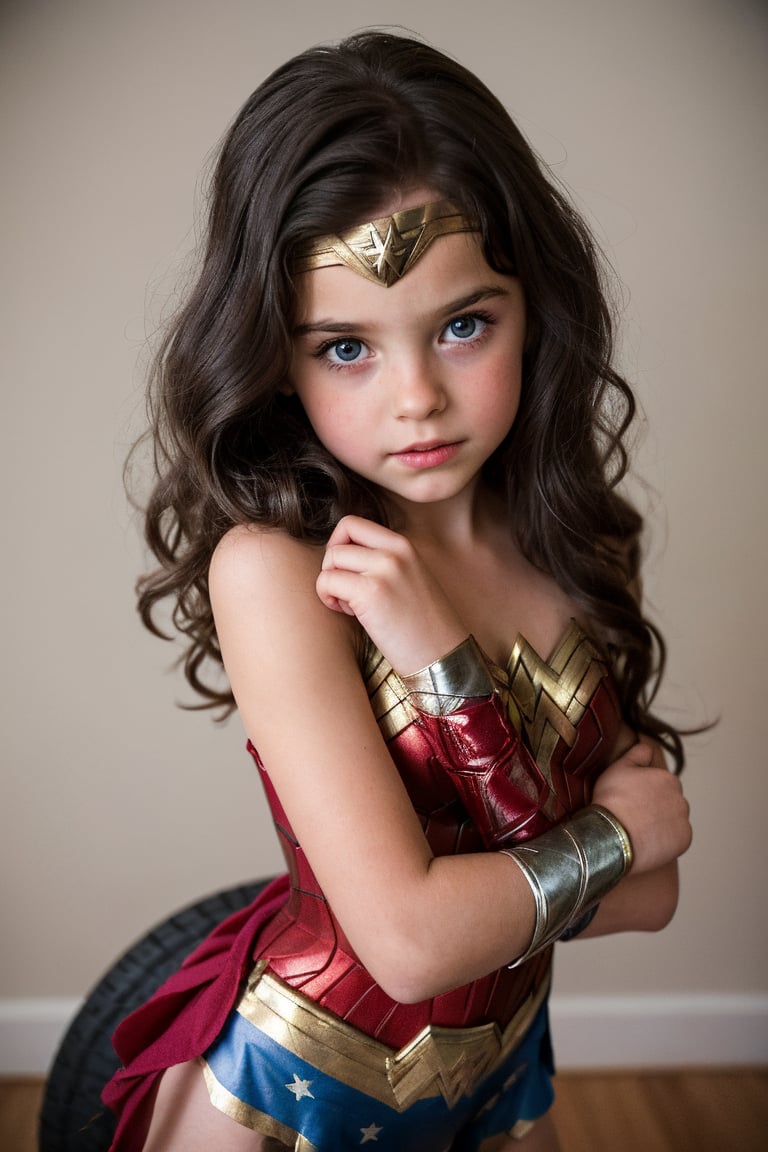 An adorable (8_year_old:1.2) English girl dressed as Wonder Woman, Her lips are soft and full. Her expression is wistful. looking at viewer