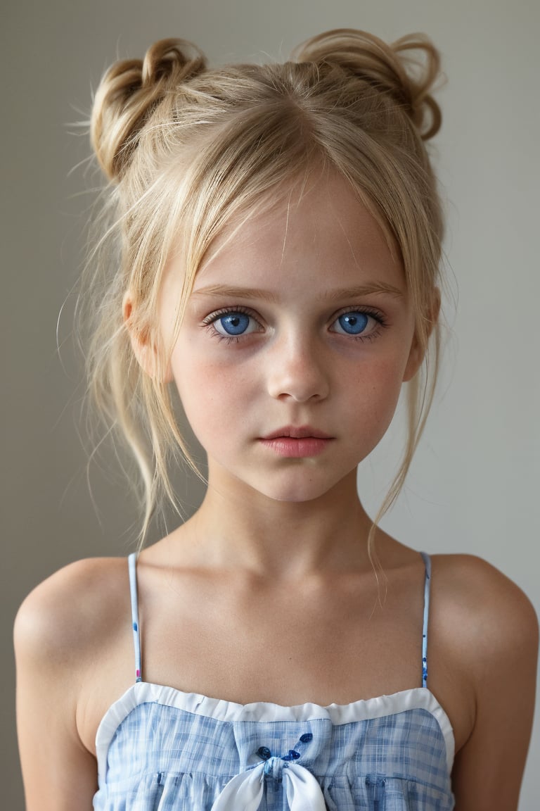 german (10_year_old:1.2) girl, straight blonde hair, which she wears in a messy bun, tall and thin, big blue eyes, full lips, she is reserved with a concentrated expresion and an air of mystery. 