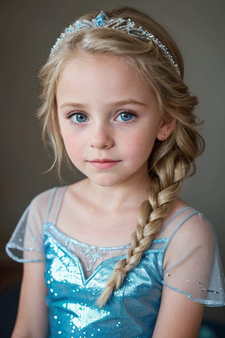 An adorable (8_year_old:1.2) girl dressed as Elsa from Frozen, Her lips are soft and full. Her expression is wistful. looking at viewer