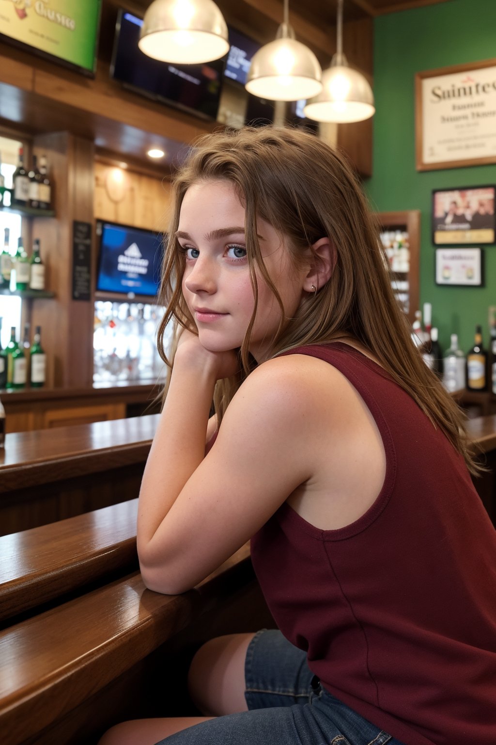 Drunken beautiful (14_year_old:1.2) Irish girl sitting at a bar, ((hunched over bar)) with a pint of guiness, forearms on bar, disheveled hair, flushed red cheeks, ((head down)), downcast, looking from corner of eyes at viewer with suspicion, (glazed eyes, glazed expression), smirking at viewer, slyly winking at viewer, view from side
