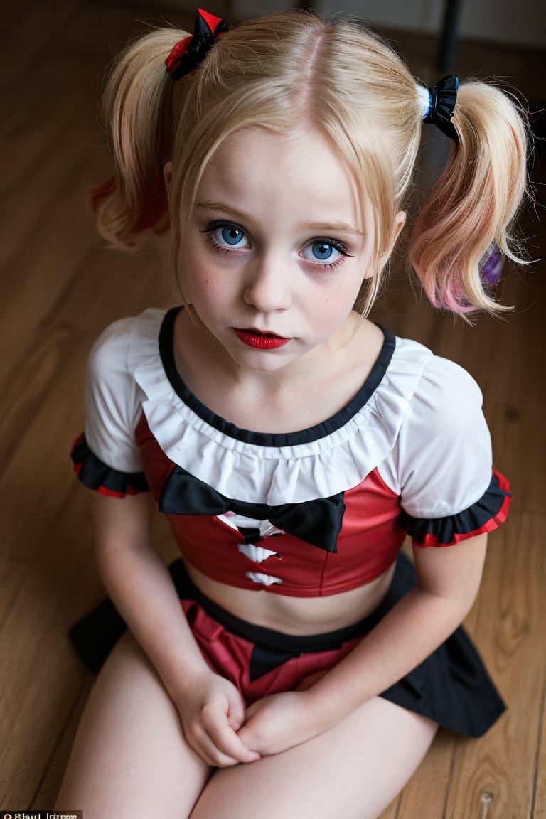 An adorable (8_year_old:1.2) English girl dressed as Harley Quinn, Her lips are soft and full. Her expression is wistful. looking at viewer