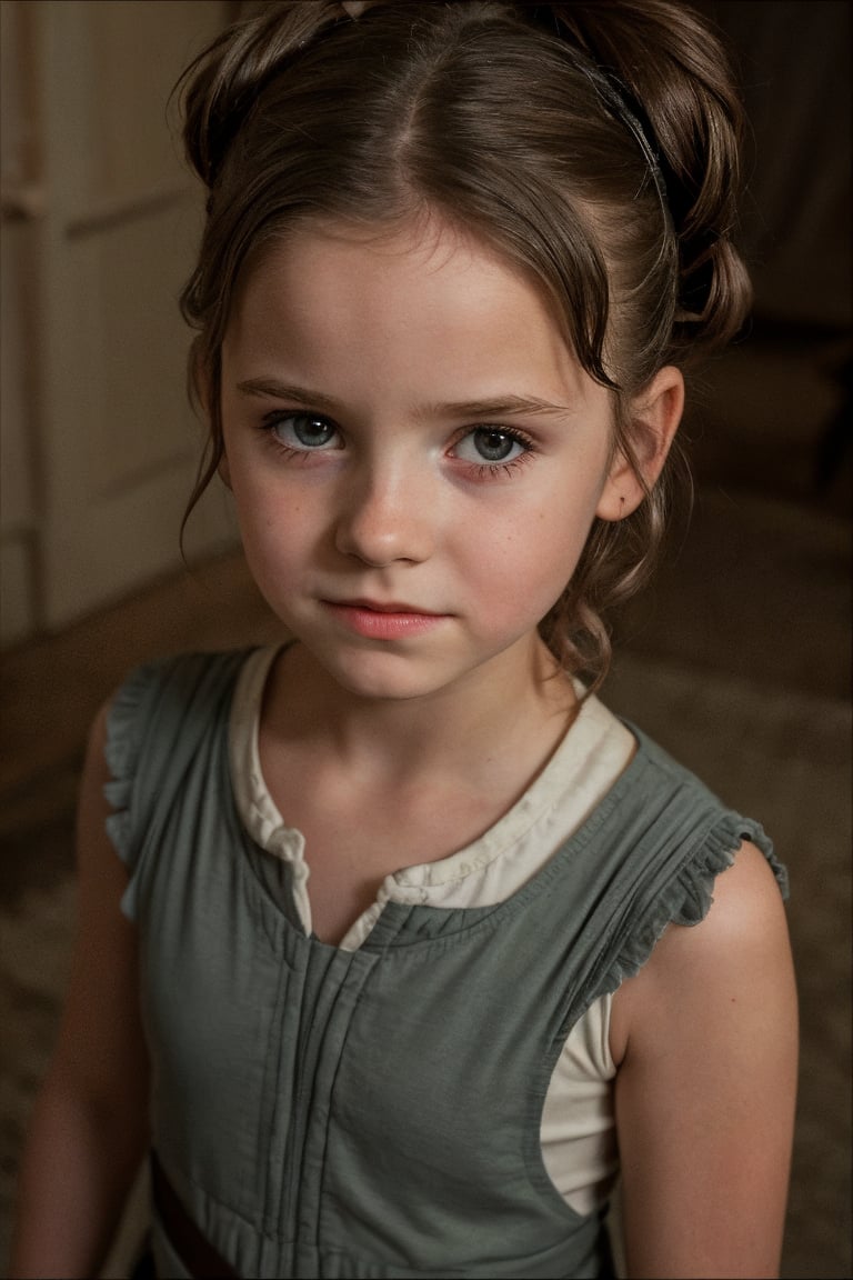 An adorable (8_year_old:1.2) English girl dressed as Rey from Star Wars, Her lips are soft and full. Her expression is wistful. looking at viewer