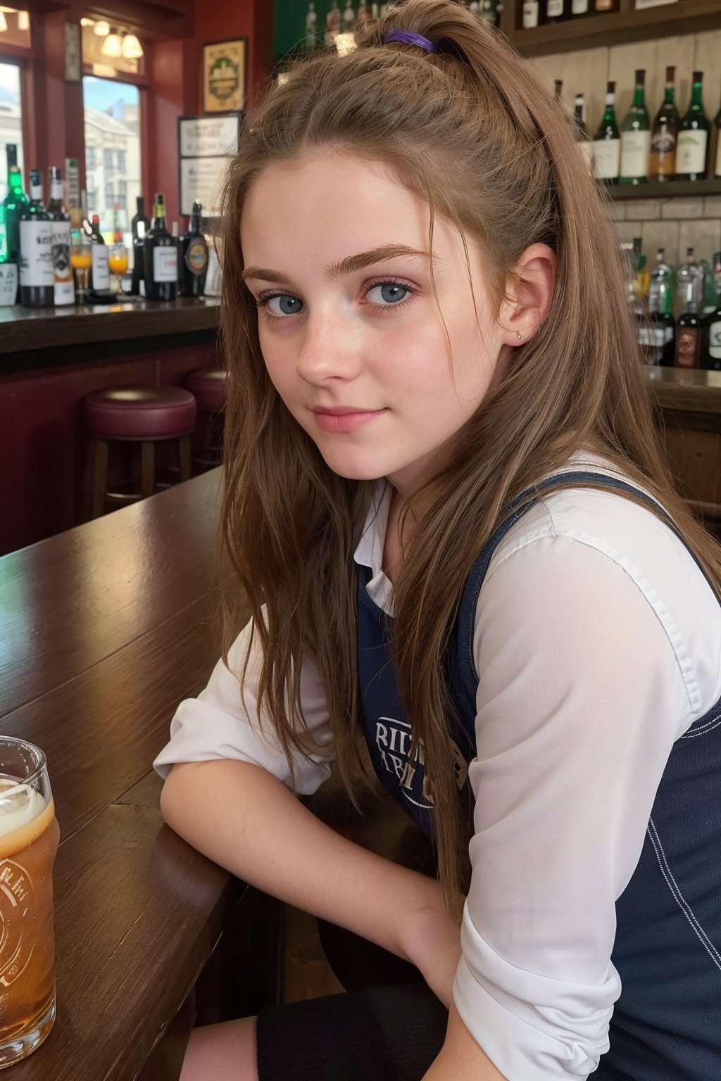 Beautiful (14_year_old:1.2) Irish girl sitting at a bar, ((hunched over bar)) with a pint of guiness, forearms on bar, disheveled hair, ((head down)), downcast, looking sidelong at viewer with suspicion, (glazed eyes, glazed expression), smirking at viewer, slyly winking at viewer, view from side
